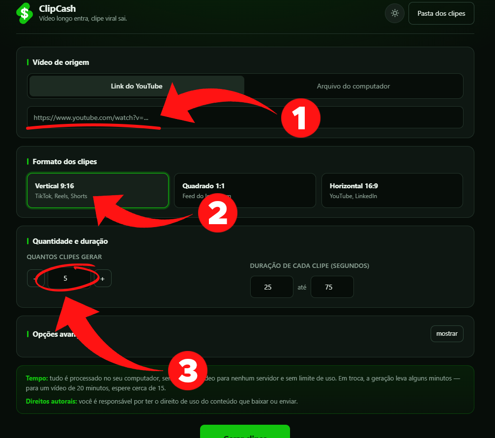 Os 3 passos da ClipCash: cole o link do vídeo longo, a IA encontra os melhores momentos e reenquadra para 9:16, e devolve o corte com legenda animada pronto para postar